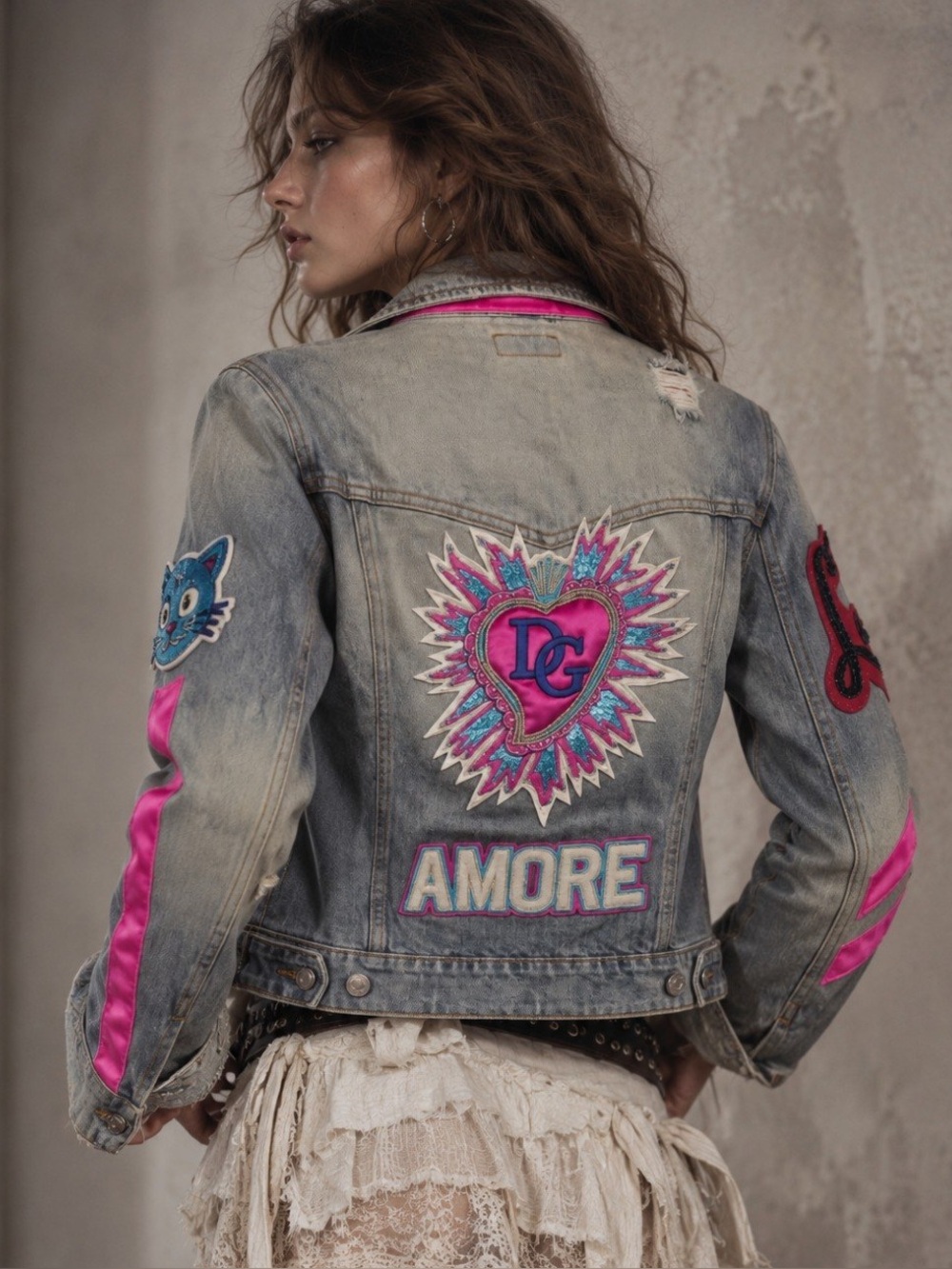 “Love in First Bite “Denim Jacket with Pink Sleeve Stripe